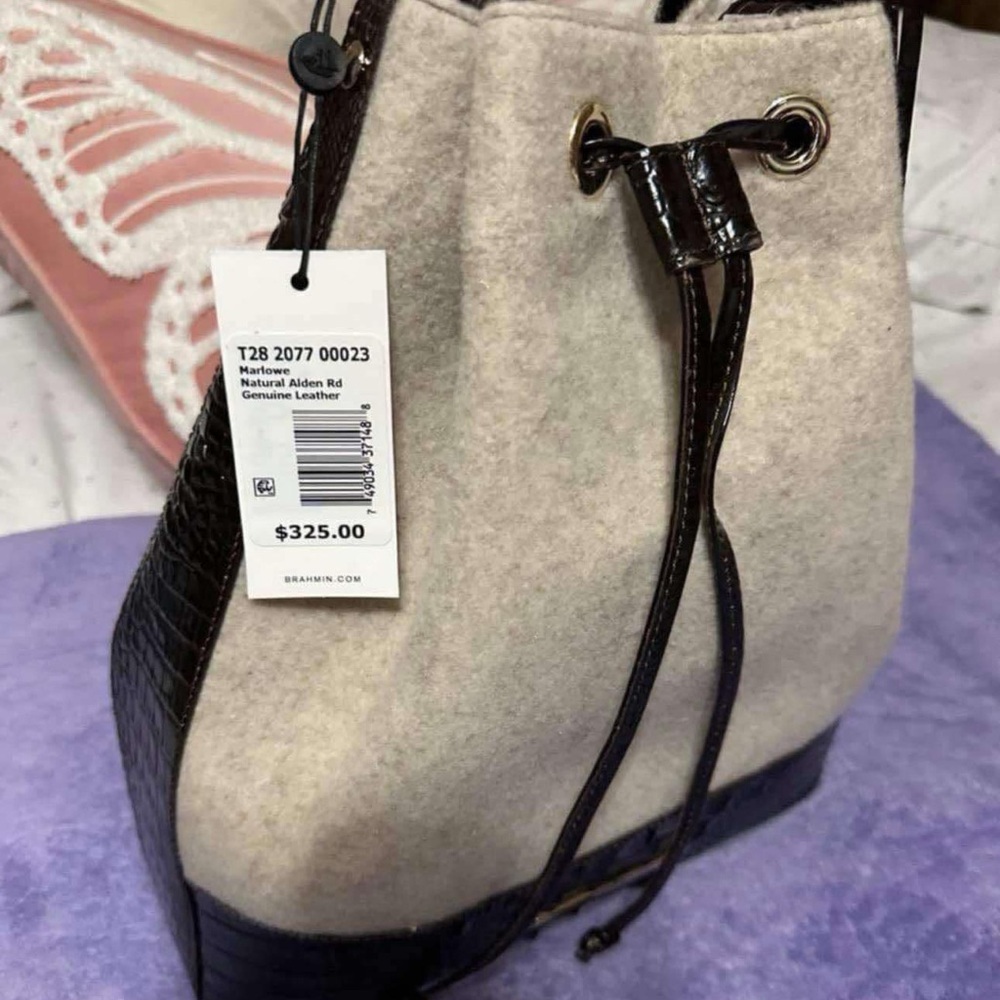 Brahmin Cream and Black Backpack with Drawstring Closure